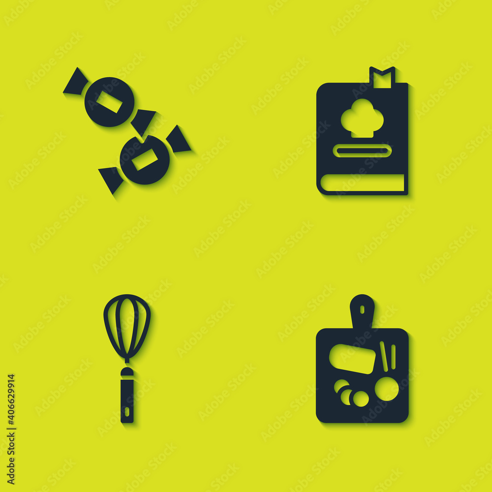 Set Candy, Cutting board, Kitchen whisk and Cookbook icon. Vector. Set Candy, Cutting board, Kitchen whisk and Cookbook icon. Vector.