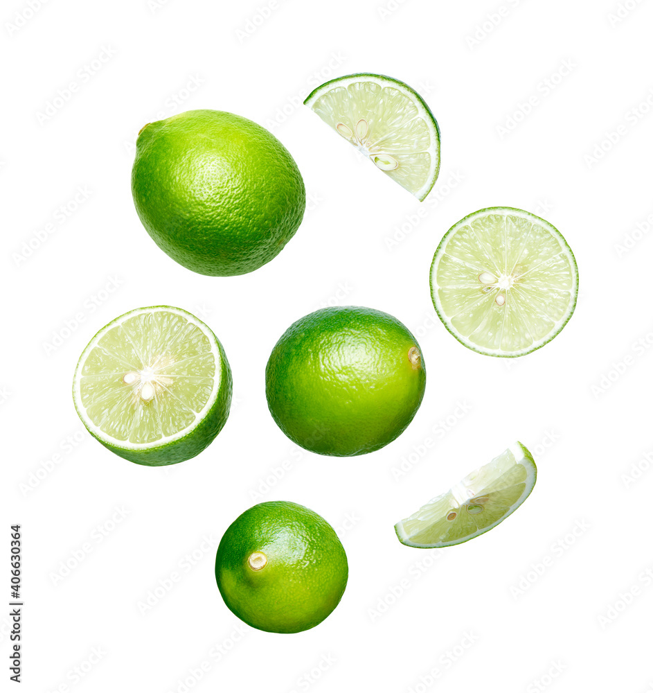 Set of whole, half and cut slice fresh lime isolated on white background