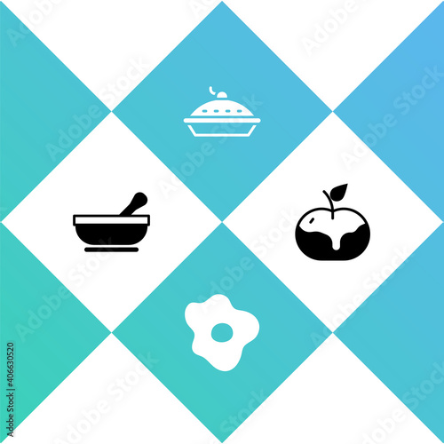 Set Mortar and pestle, Scrambled eggs, Homemade pie and Apple in caramel icon. Vector.