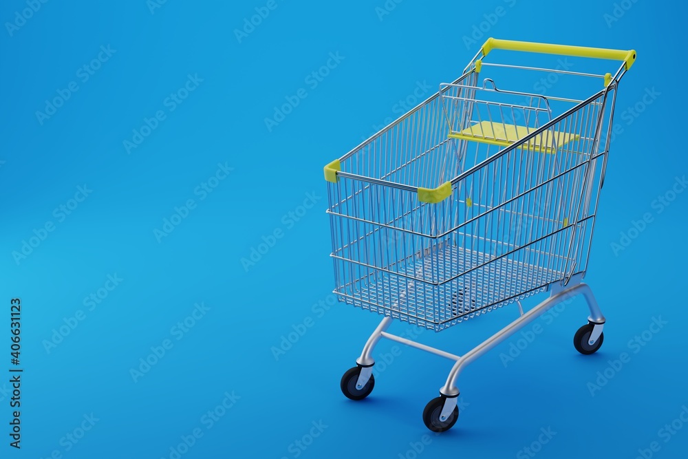 Metal wire shopping cart with yellow handle for mall on blue background, self-service supermarket trolley, grocery shop, empty bag on wheels to carry heavy items, purchasing, 3d rendering Metal wire shopping cart with yellow handle for mall on blue background, self-service supermarket trolley, grocery shop, empty bag on wheels to carry heavy items, purchasing, 3d rendering