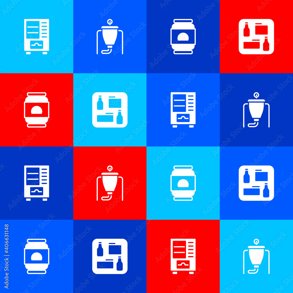 Set Vending machine, Beer brewing process, can and menu icon. Vector.