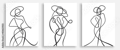 Abstract Woman Portrait One Line Drawing Prints Set. Creative Contemporary Abstract Line Drawing. Beauty Fashion Female Faces. Vector Minimalist Design for Wall Art, Print, Card, Poster.