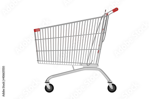 Metal wire shopping cart with red handle for mall isolated on white background, self-service supermarket trolley, grocery shop, empty bag on wheels to carry heavy items, purchasing, 3d rendering