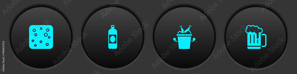 Set Beer bubbles, Plastic beer bottle, bottles in ice bucket and Wooden mug icon. Vector. Set Beer bubbles, Plastic beer bottle, bottles in ice bucket and Wooden mug icon. Vector.