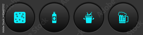 Set Beer bubbles, Plastic beer bottle, bottles in ice bucket and Wooden mug icon. Vector.