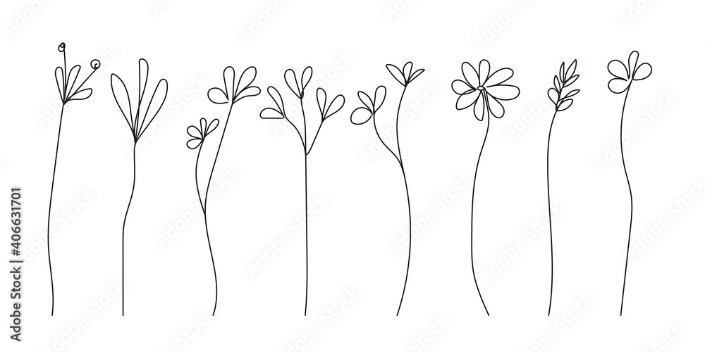 Continuous Line Drawing Set Of Flowers Black Sketch Isolated on White Background. Flowers One Line Illustration. Minimalist Prints Set. Vector EPS 10.