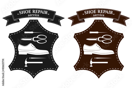 Shoe repair service. Vector image of logo. Trendy concept in old retro style