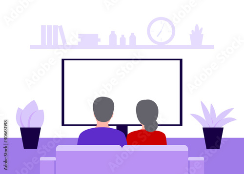Family senior couple man and woman sitting on sofa at home and watching TV, back view. Elderly people sit together. Rest, spending time, watching movie on isolation and quarantine. Vector illustration