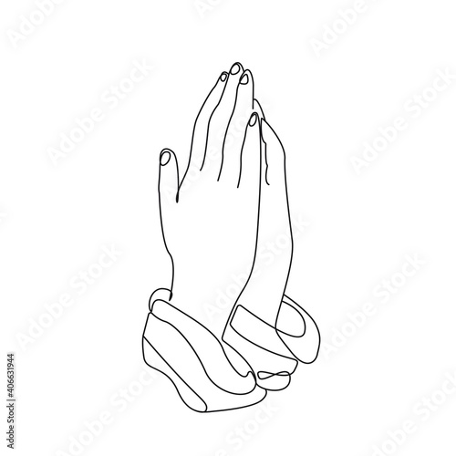 Hands Prayer Single Line Art Drawing. Minimal One Line Illustration of Prayer. Hands Gesture Continuous Line Drawing. Modern Minimalist Contour Illustration. Vector EPS 10.