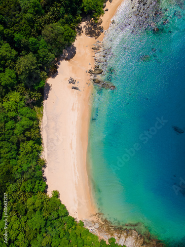 Aerial view of Laem Sing beach with beautiful sea, Phuket island, Thailand