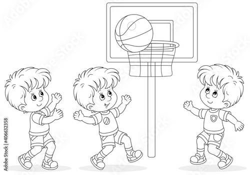 Cheerful little kids playing basketball with a big sports ball on a sportsground, black and white outline vector cartoon illustration for a coloring book page