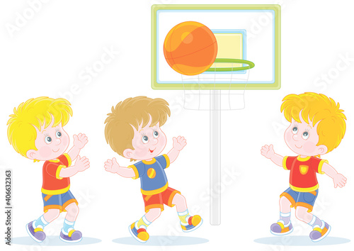 Cheerful little kids playing basketball with a big orange ball on a sportsground, vector cartoon illustration isolated on a white background