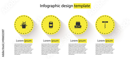 Set Beer bottles in ice bucket, can, Cold beer and Wine corkscrew. Business infographic template. Vector.