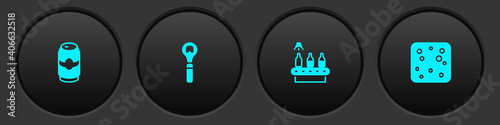 Set Beer can, Bottle opener, Conveyor band, beer and bubbles icon. Vector.