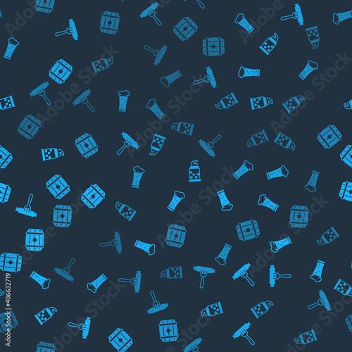 Set Sausage on the fork, Glass of beer, Bottle opener and Wooden barrel on seamless pattern. Vector.
