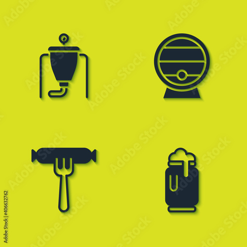 Set Beer brewing process, can with foam, Sausage on the fork and Wooden barrel rack icon. Vector.