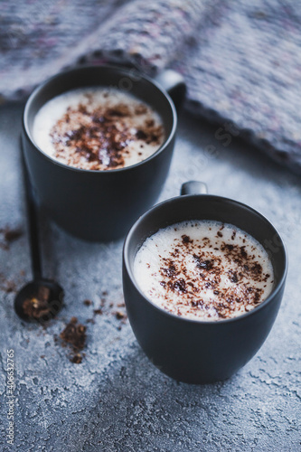 Hot cocoa with milk and chocolate, cosy concept