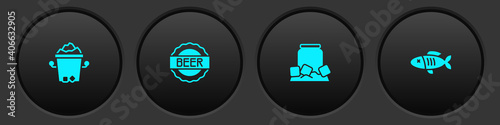 Set Ice bucket, Bottle cap with beer, Cold can and Dried fish icon. Vector.