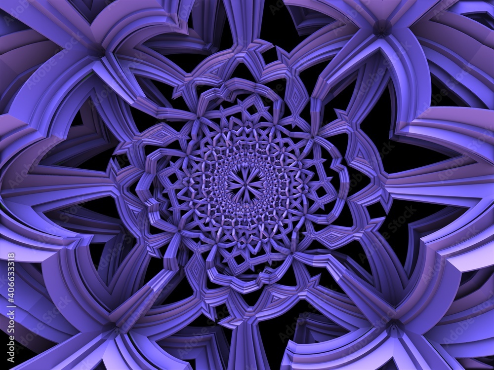 A bizarre 3D fractal pattern with a decorative recursion structure. A bizarre 3D fractal pattern with a decorative recursion structure.