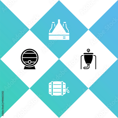Set Wooden barrel on rack, , Pack of beer bottles and Beer brewing process icon. Vector.