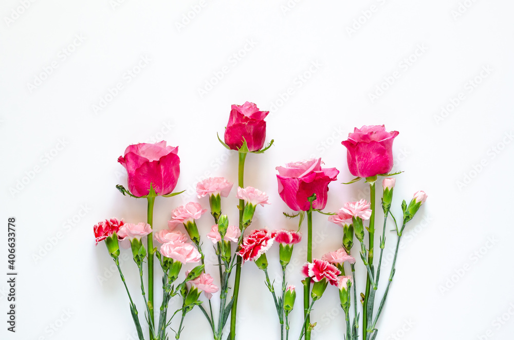 Colorful flowers on white background for anniversary or Valentine's day concept.