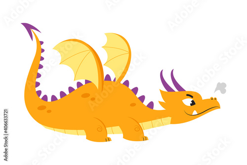 Fototapeta Naklejka Na Ścianę i Meble -  Cute Orange Little Dragon, Funny Baby Dinosaur Fairy Tale Character Cartoon Style Vector Illustration