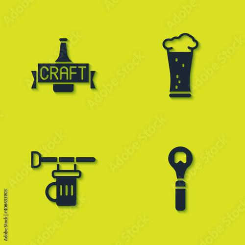 Set Beer bottle, Bottle opener, Signboard with glass of beer and Glass icon. Vector.