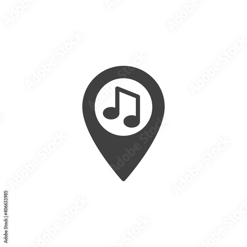 Party location pin vector icon. filled flat sign for mobile concept and web design. Map maker with music note glyph icon. Symbol, logo illustration. Vector graphics photo