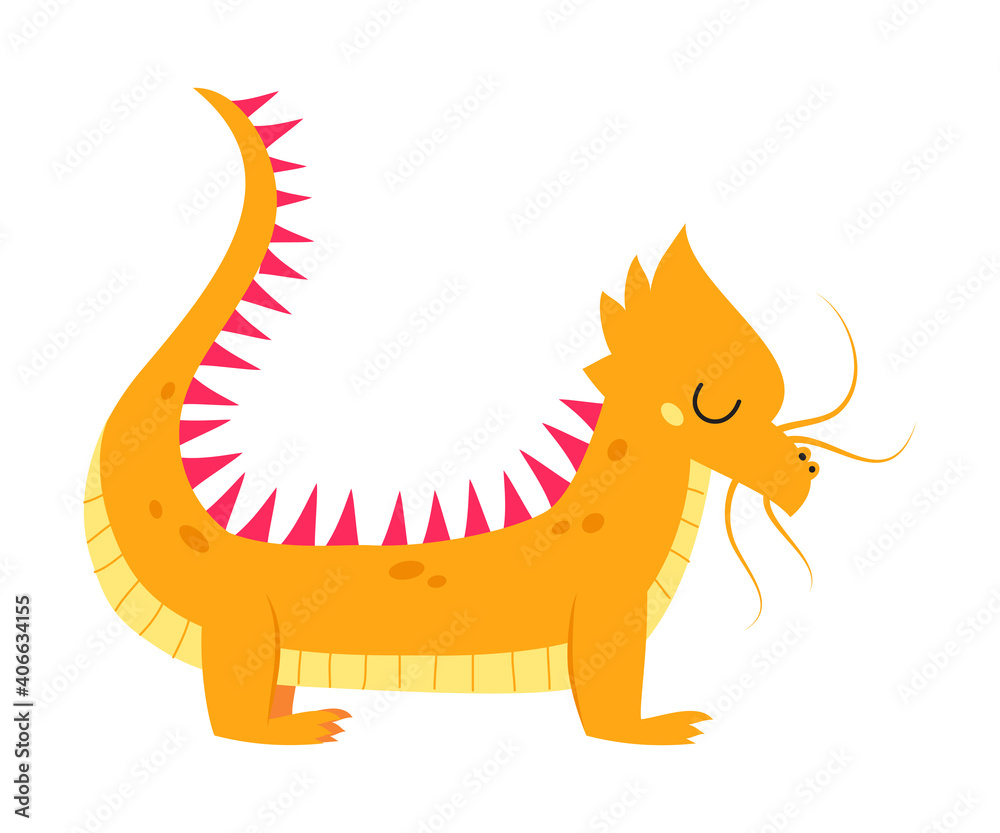 Cute Little Orange Dragon, Funny Baby Dinosaur Fairy Tale Character Cartoon Style Vector Illustration