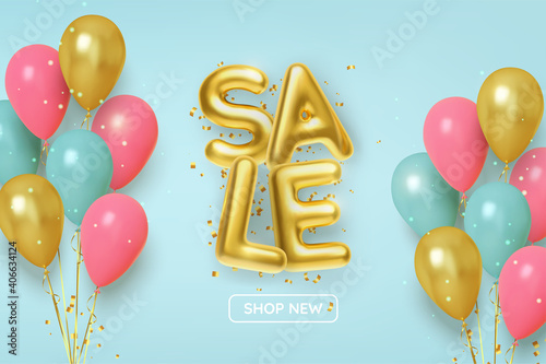 Discount promotion sale made of realistic 3d gold balls with pink and gold balloons. Vector
