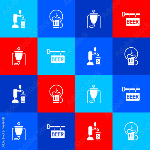 Set Beer tap with glass, Happy hour, brewing process and Street signboard icon. Vector.