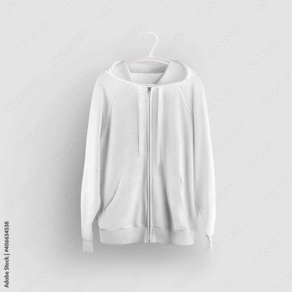 Mockup white hoodie with pocket, zipper closure, hanging on a plastic  hanger, front view, isolated on background. Photos | Adobe Stock