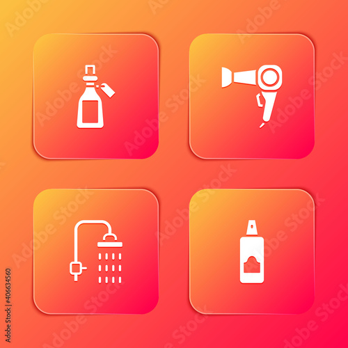 Set Essential oil bottle, Hair dryer, Shower and Spray can for hairspray icon. Vector.