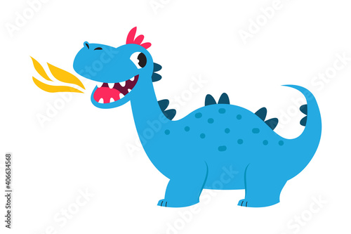 Cute Little Dragon Spitting Fire, Funny Baby Dinosaur Fairy Tale Character Cartoon Style Vector Illustration