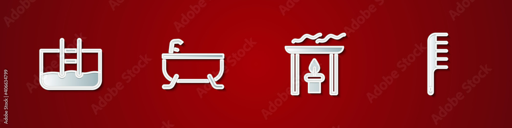 Set Swimming pool with ladder, Bathtub, Aroma candle and Hairbrush icon. Vector. Set Swimming pool with ladder, Bathtub, Aroma candle and Hairbrush icon. Vector.