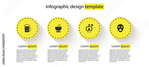 Set Wooden beer mug, Mortar and pestle, Aftershave and Facial cosmetic mask. Business infographic template. Vector.