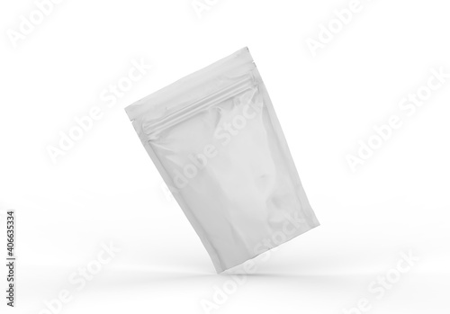 White blank foil food doy pack stand up pouch bag packaging with zipper, mockup template on isolated white background, 3d illustration photo