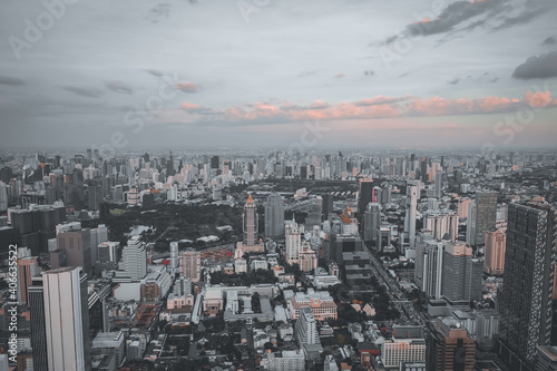 Aerial view of Bangkok city  Urban Photography  Urban skyscraper at sunset.