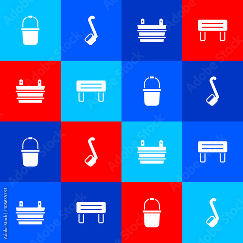 Set Sauna bucket, ladle, and wood bench icon. Vector.