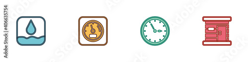 Set Water drop, Sauna thermometer, clock and wooden bathhouse icon. Vector.