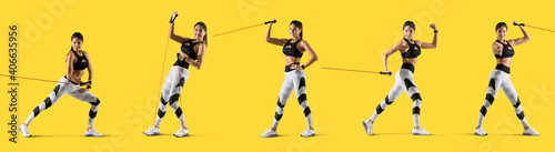 Fitness model in sportswear isolated on yellow background
