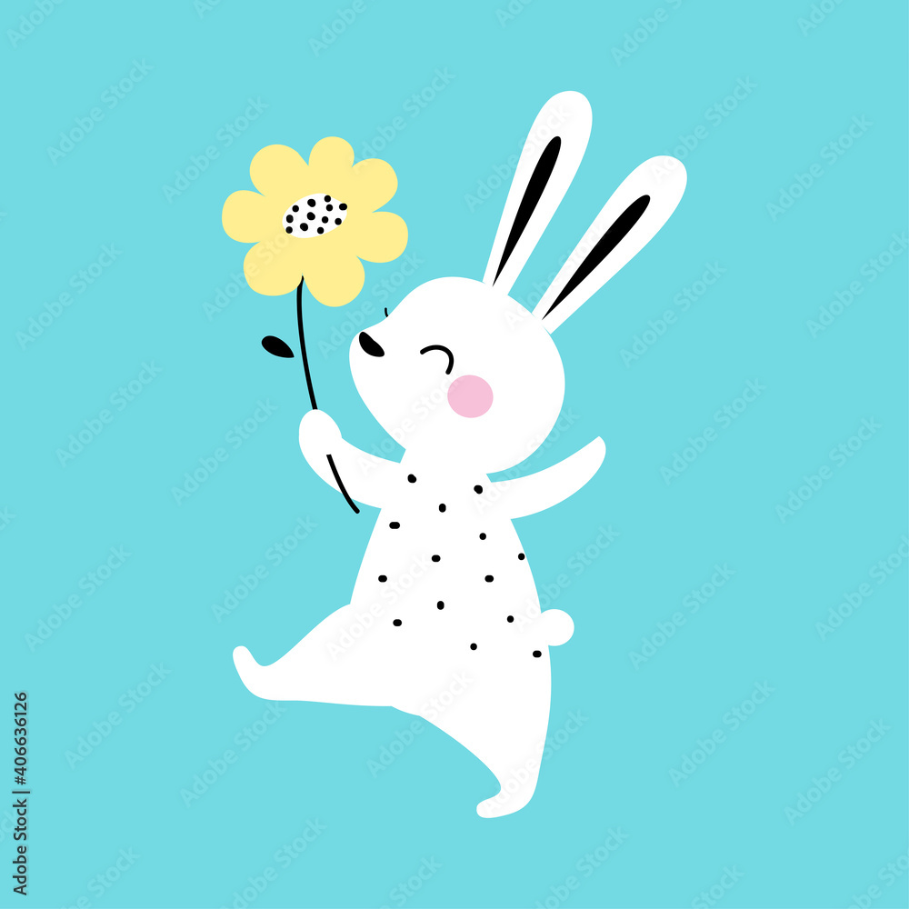 Adorable White Little Bunny Walking with Spring Flower, Easter Egg Hunt Card, Poster, Invitation Design Cartoon Style Vector Illustration Adorable White Little Bunny Walking with Spring Flower, Easter Egg Hunt Card, Poster, Invitation Design Cartoon Style Vector Illustration