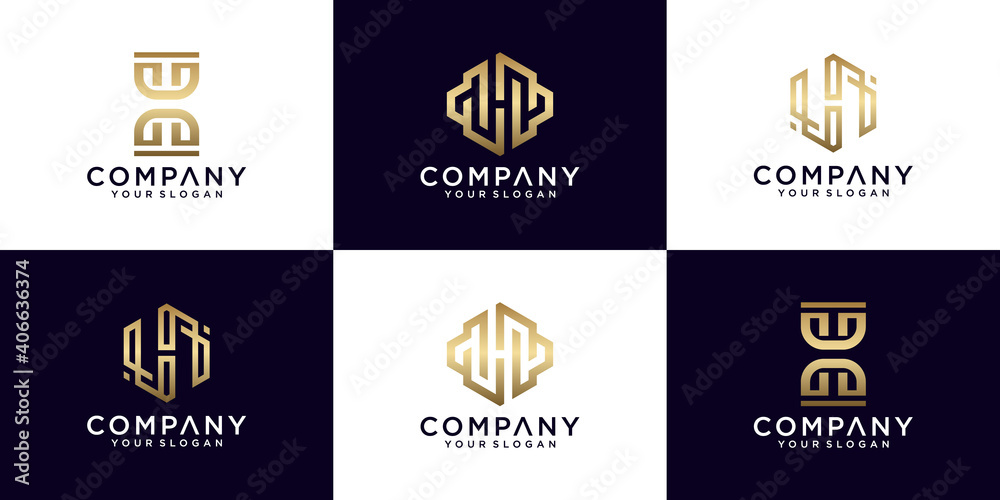 Collection of h letter logos with line styles and golden color for consulting, initials, financial companies