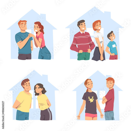 Happy Family Couples Inside Outline House Set, Abstract Real Estate, Smiling People Dreaming about New Dwelling Flat Style Vector Illustration