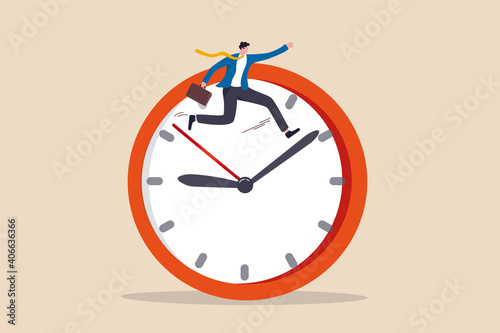 Work efficiency, time management to help finish multitasking work or smart productivity concept, confident businessman holding suitcase jumping on clock hands metaphor of time management.