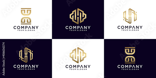 Collection of h letter logos with line styles and golden color for consulting, initials, financial companies