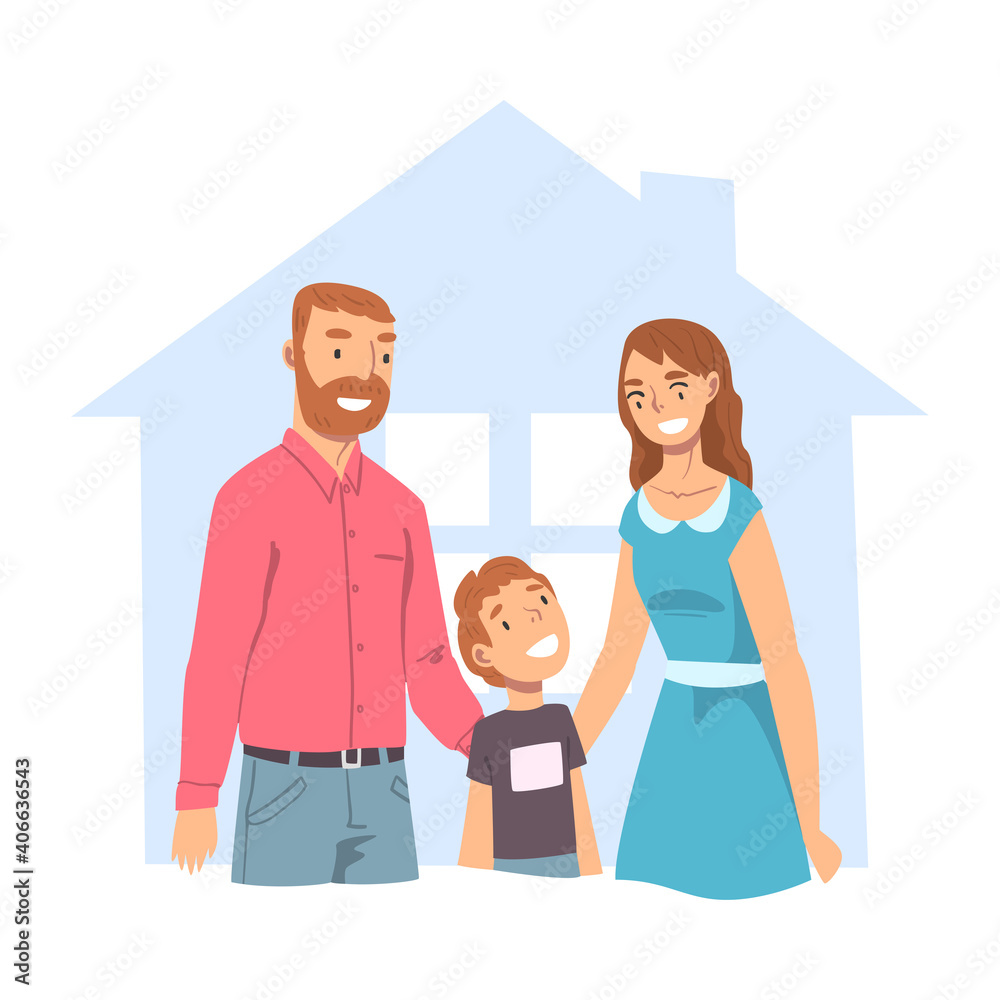 Happy Family Inside Outline House, Abstract Real Estate, Smiling Parents and their Son Dreaming about New Dwelling Flat Style Vector Illustration Happy Family Inside Outline House, Abstract Real Estate, Smiling Parents and their Son Dreaming about New Dwelling Flat Style Vector Illustration