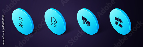 Set Isometric Sauna slippers, wood bench, Shower and hourglass icon. Vector.