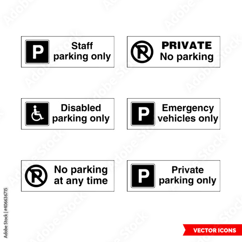 Car parking control signs icon set of black and white types. Isolated vector sign symbols. Icon pack.