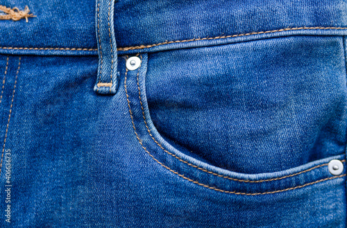 Close-up of trendy classic blue jeans, pocket and loop background. copy space. selective focus